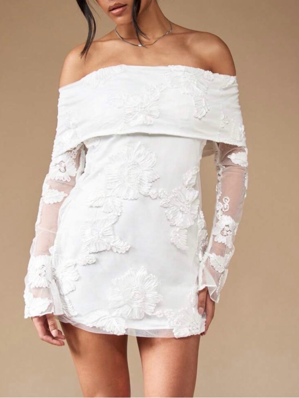 White Off-Shoulder Lace Dress- graduation, bridal shower, rehearsal, reception - Picture 1 of 6